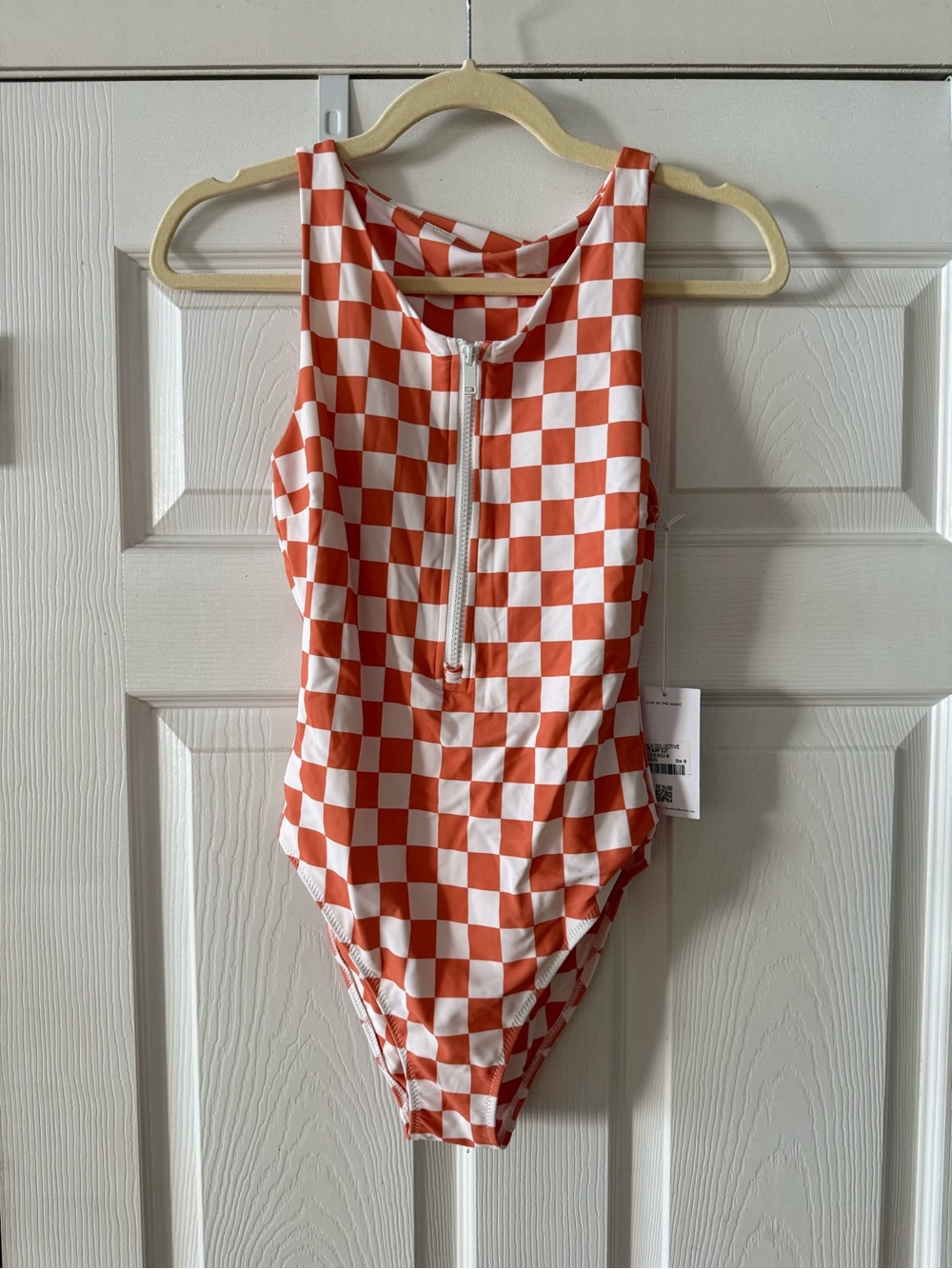 Checkerboard Front-Zip One-Piece Swimsuit - Orange & White